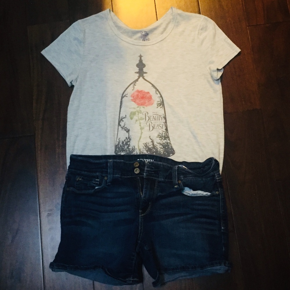 Beauty and the Beast top with Levi jean shorts